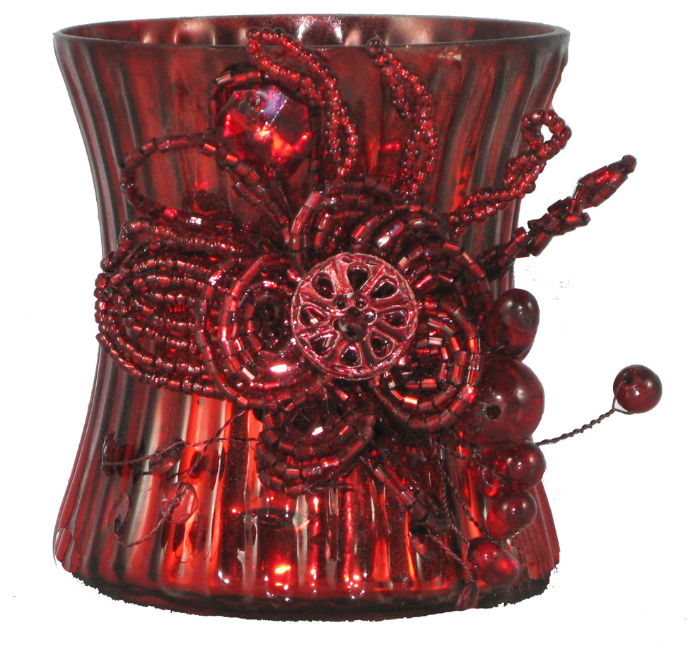 Mercury Glass Beaded Red Votive Holder Traditional Candleholders