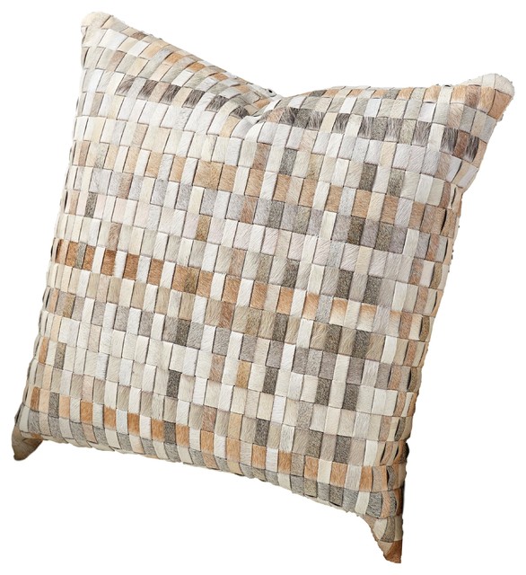 Luxe Tiled Mosaic Hair Hide Leather Throw Pillow Neutral Earth
