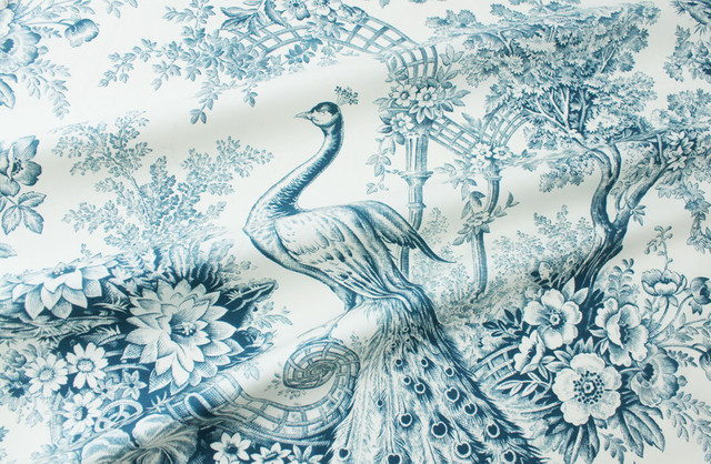 Peacock Toile Fabric in Cerulean Blue
