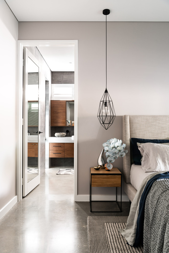 Design ideas for a contemporary master bedroom in Perth with grey walls, concrete floors and grey floor.
