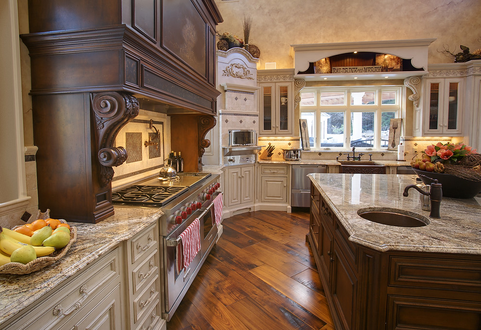 Traditional kitchen in Boston with granite benchtops.