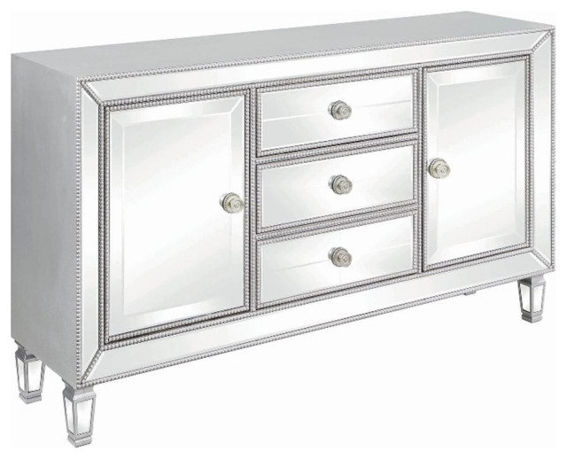 Wood And Mirror Accent With Three Drawers And Two Doors, Silver