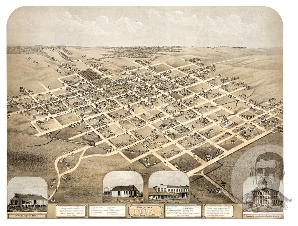 Old Map of Pella Iowa 1869, Vintage Map Art Print, 24