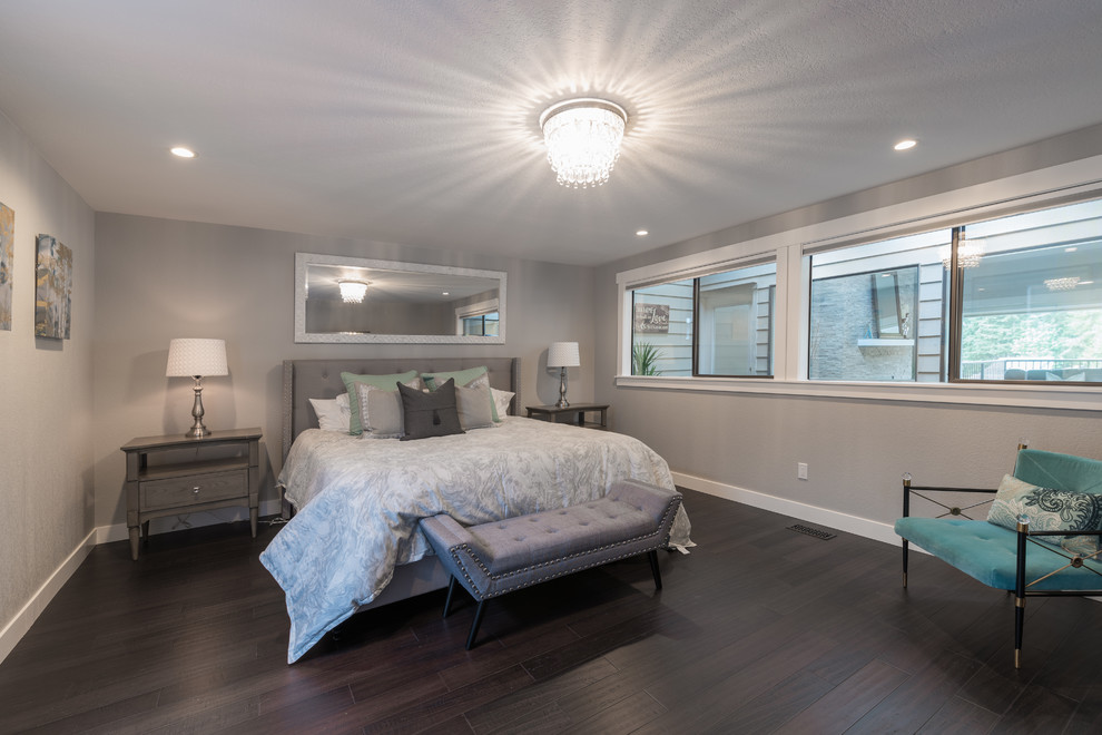 Photo of a mid-sized contemporary master bedroom in Seattle with beige walls, dark hardwood floors and brown floor.