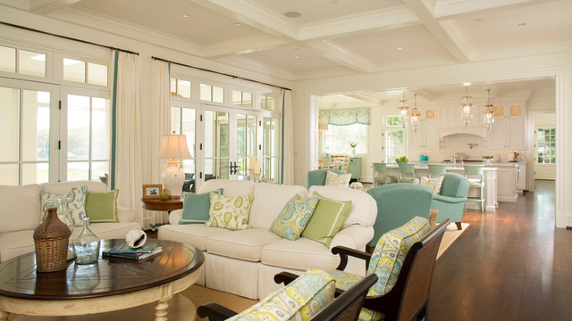 Open-plan family room and kitchen features coffered ceilings klassisch-wohnbereich
