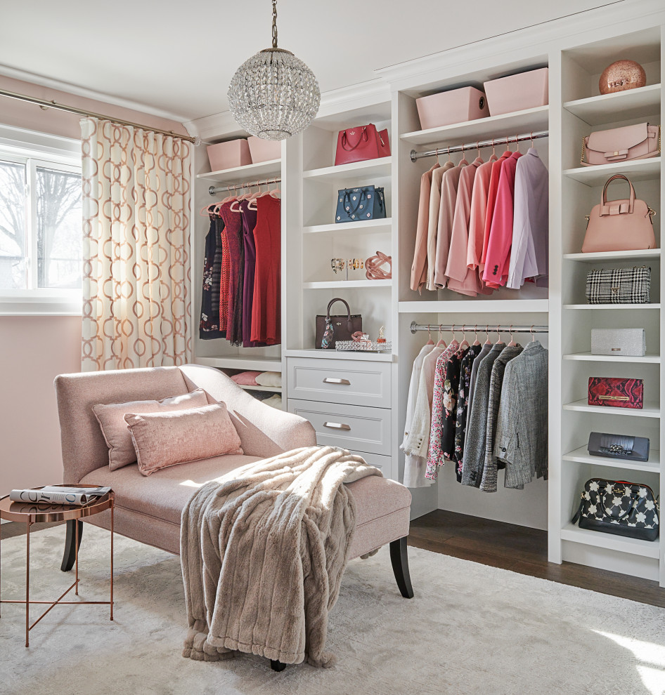 Inspiration for a medium sized traditional bedroom in Toronto with pink walls, medium hardwood flooring, brown floors and wallpapered walls.