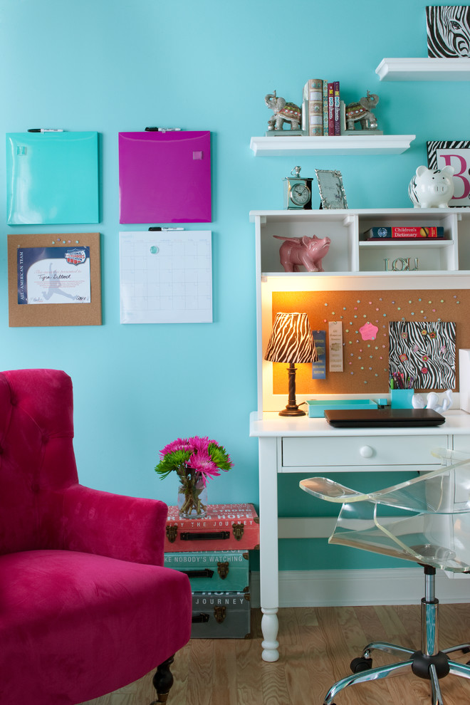 Teenage Girls Just Want To Have Fun! - I was hired by the parents of a soon-to-be teenage girl turning 13 years-old. They wanted to remodel her bedroom from a young girls room to a teenage room. This project was a joy and a dream to work on! I got the opportunity to channel my inner child. I wanted to design a space that she would love to sleep in, entertain, hangout, do homework, and lounge in. 
The first step was to interview her so that she would feel like she was a part of the process and the decision making. I asked her what was her favorite color, what was her favorite print, her favorite hobbies, if there was anything in her room she wanted to keep, and her style.
The second step was to go shopping with her and once that process started she was thrilled. One of the challenges for me was making sure I was able to give her everything she wanted. The other challenge was incorporating her favorite pattern-- zebra print. I decided to bring it into the room in small accent pieces where it was previously the dominant pattern throughout her room. The color palette went from light pink to her favorite color teal with pops of fuchsia. I wanted to make the ceiling a part of the design so I painted it a deep teal and added a beautiful teal glass and crystal chandelier to highlight it. Her room became a private oasis away from her parents where she could escape to. In the end we gave her everything she wanted. 


Photography by Haigwood Studios