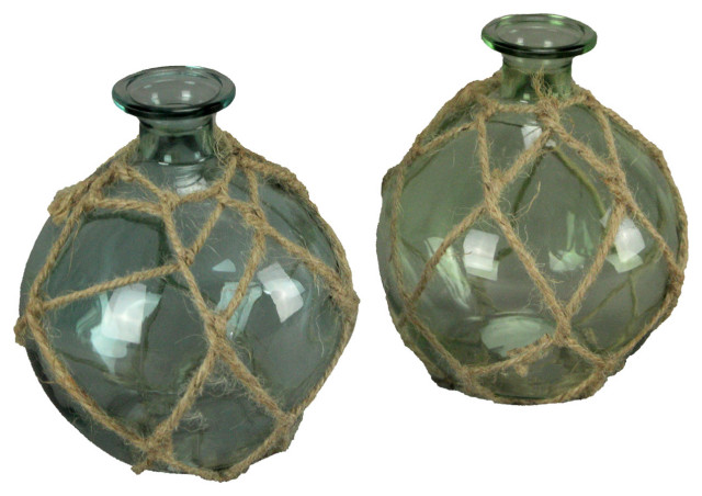 Blue Green Glass Rope Wrapped Decorative Vase Buoy Bottle Coastal