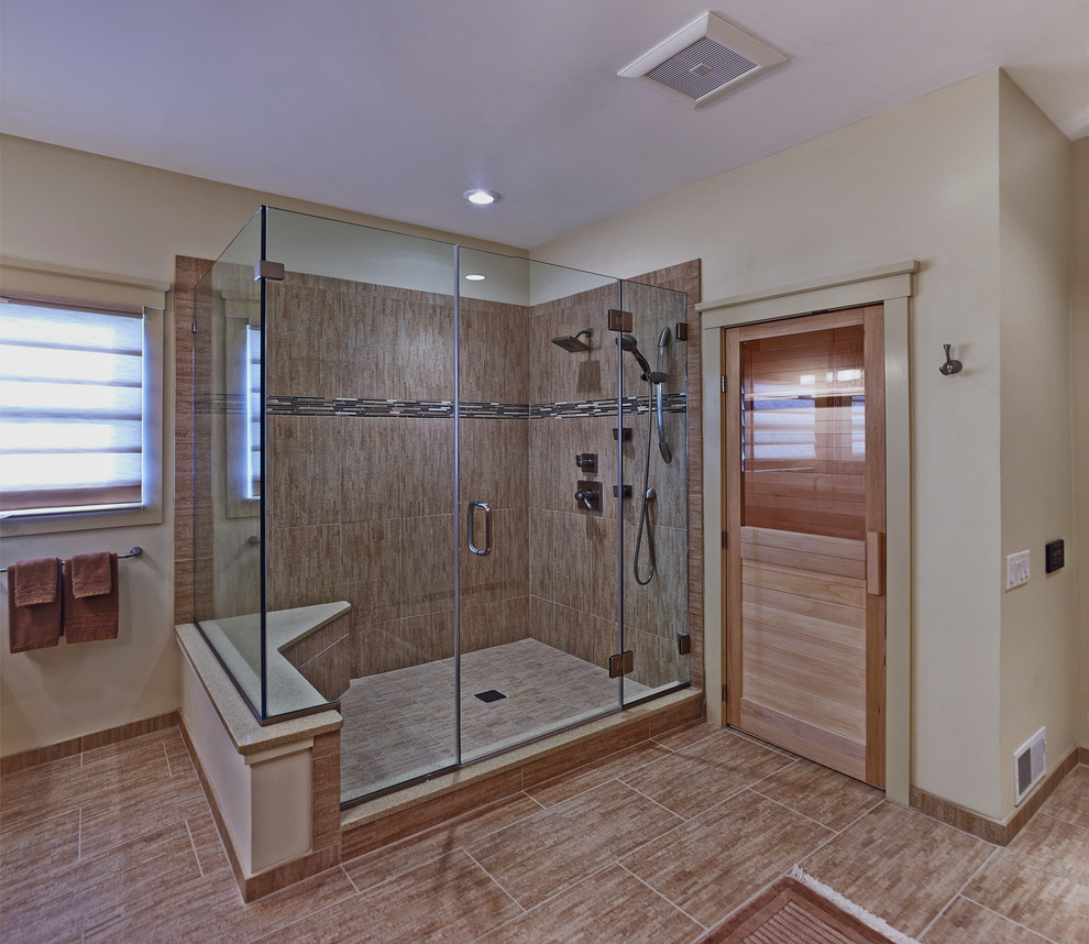 This is an example of a large modern bathroom in Philadelphia with an undermount sink, recessed-panel cabinets, beige cabinets, quartzite benchtops, beige tile, ceramic tile, beige walls, with a sauna, a corner shower, porcelain floors, brown floor and a hinged shower door.