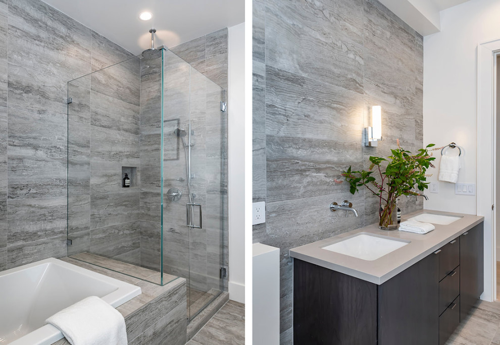 Inspiration for a medium sized modern ensuite bathroom in San Francisco with flat-panel cabinets, brown cabinets, a built-in bath, a corner shower, grey tiles, wood-effect tiles, grey walls, wood-effect flooring, engineered stone worktops, grey floors, a hinged door, grey worktops, a built in vanity unit and double sinks.