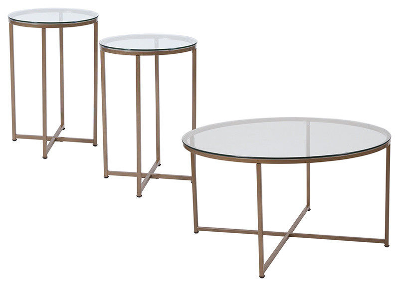 Greenwich Collection 3-Piece Coffee and End Table Set, Clear/Matte Gold