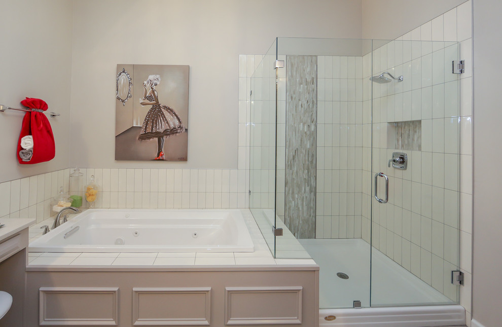 Mid-sized transitional master white tile and ceramic tile porcelain tile and gray floor drop-in bathtub photo in Atlanta with recessed-panel cabinets, gray cabinets, gray walls, an undermount sink, quartz countertops and a hinged shower door