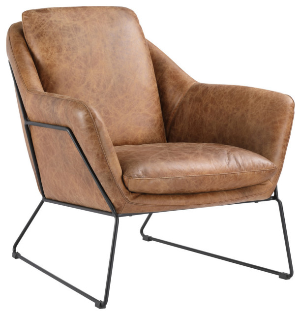Modern Club Chair Tan Top Grain Leather Armchair for Living Room