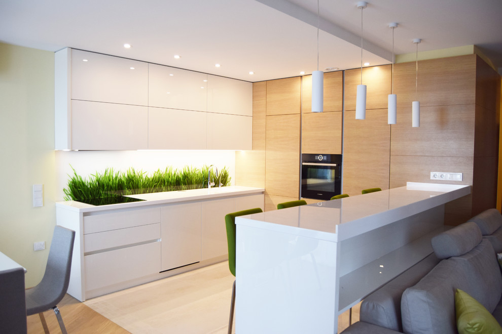 Кухня с белыми фасадами и фасадами из шпона