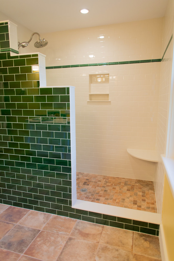 Photo of a large mediterranean master bathroom in Boston with white cabinets, a one-piece toilet, white tile, subway tile, yellow walls, terra-cotta floors, a drop-in sink, tile benchtops, red floor and an open shower.