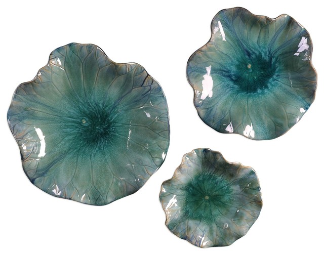 Turquoise Aqua Lily Pad Wall Art, 3-Piece Set, Flower Sculpture Blue Hanging - Contemporary ...