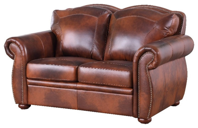 Leather Lusso Rowan Traditional Genuine Leather Loveseat in Marco Brown