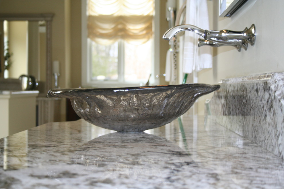 Bathroom - huge transitional master bathroom idea with a vessel sink, furniture-like cabinets, gray cabinets and granite countertops
