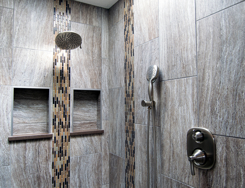 Design ideas for a large country master bathroom in Seattle with shaker cabinets, dark wood cabinets, a freestanding tub, a curbless shower, a one-piece toilet, brown tile, porcelain tile, beige walls, porcelain floors, an undermount sink and engineered quartz benchtops.