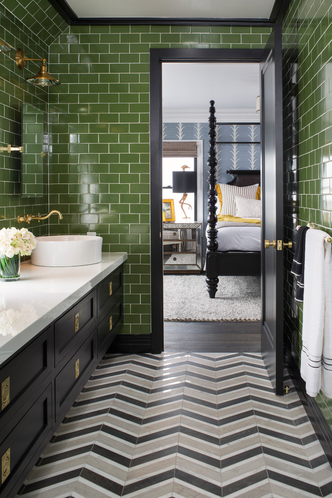 Design ideas for a mid-sized transitional kids bathroom in Los Angeles with shaker cabinets, black cabinets, an alcove shower, a one-piece toilet, green tile, porcelain tile, green walls, marble floors, a vessel sink, engineered quartz benchtops, multi-coloured floor and a hinged shower door.