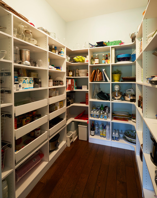 Kitchen Pantry With Open Shelves And Pullout Drawers Traditional