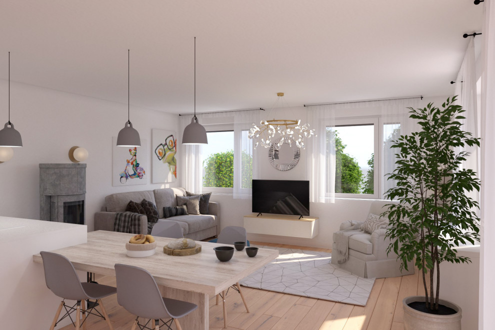 Пример оригинального дизайна: открытая, серо-белая гостиная комната среднего размера в скандинавском стиле с фасадом камина из каменной кладки и коричневым полом