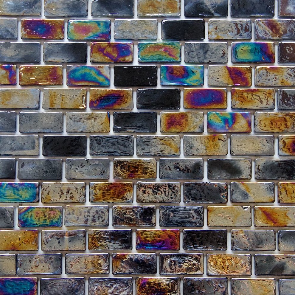 Iridescent Brick Glass Mosaic Tile, Sample, Black - Contemporary - Wall
