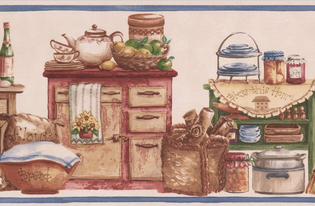 Vintage Kitchen Wooden Chests Food Jars Baskets Bowls Country Vintage Kitchen Wooden Chests Food Jars Baskets Bowls Country Wallpaper Border