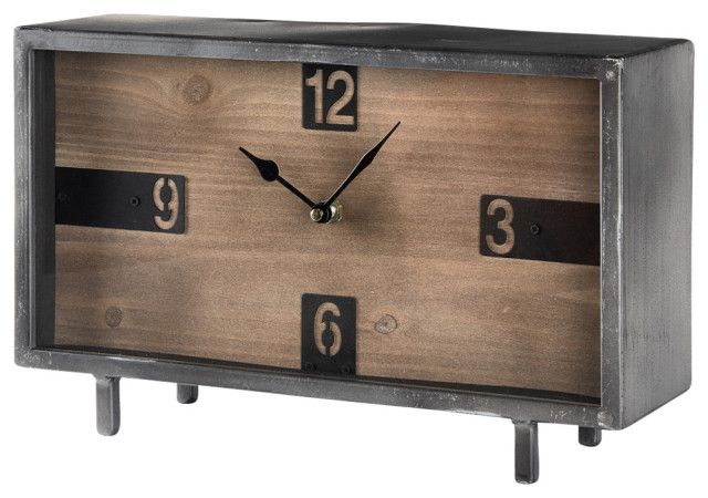 Harvey 13.0Lx4.5Wx8.1H Black Metal and Wood Rectangular Table Clocket