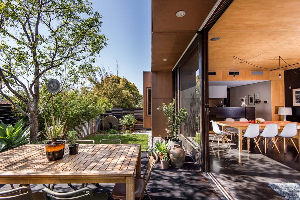 Design ideas for a mid-sized contemporary backyard deck in Perth with no cover and a container garden.