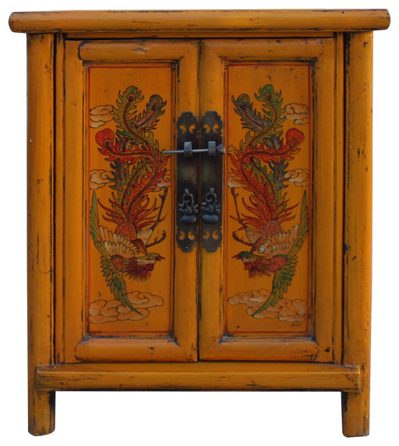 Oriental Distressed Orange Yellow Phoenix Flower End Table Nightstand