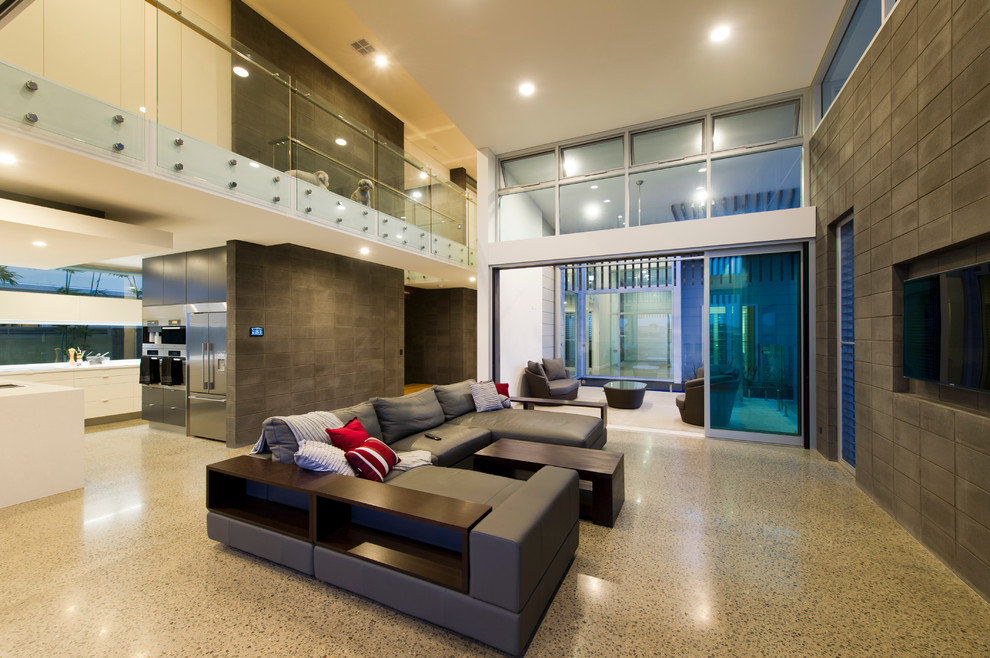 Contemporary open concept family room in Brisbane with no fireplace and a wall-mounted tv.
