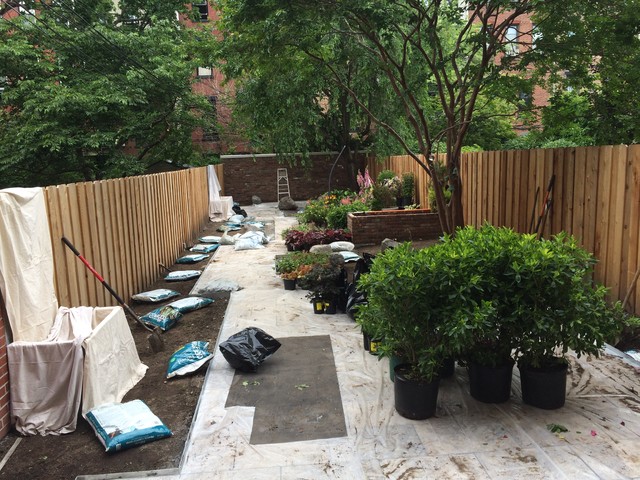 Park Slope, Brooklyn Garden Design, Water Fountain, Travertine Paver, Wood fence 