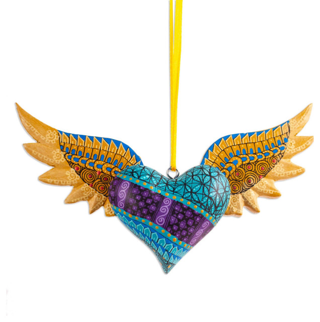 Novica Handmade Winged Turquoise Heart Wood Alebrije Ornament