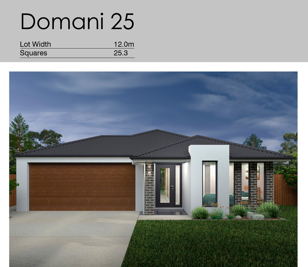 Mid-sized contemporary one-storey brick brown house exterior in Melbourne with a hip roof and a metal roof.