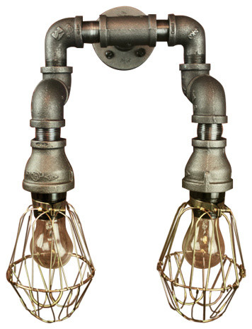 Industrial Pipe Wall Sconce With Brass Cages - Industrial - Wall Sconces - by Haddock Industrial