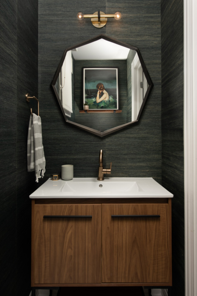 Inspiration for a small transitional multicolored floor powder room remodel in Chicago with flat-panel cabinets, medium tone wood cabinets, green walls, an integrated sink, white countertops and a freestanding vanity