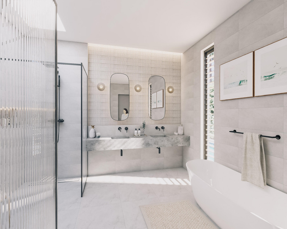 Idee per una stanza da bagno minimalista con doccia doppia, toilette, due lavabi e mobile bagno sospeso