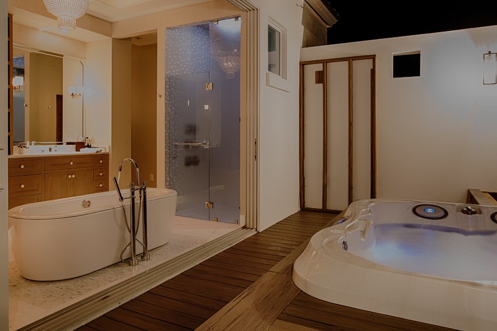Inspiration for an expansive contemporary master bathroom in Orlando with medium wood cabinets, a hot tub, an alcove shower, white walls, dark hardwood floors, brown floor and a hinged shower door.