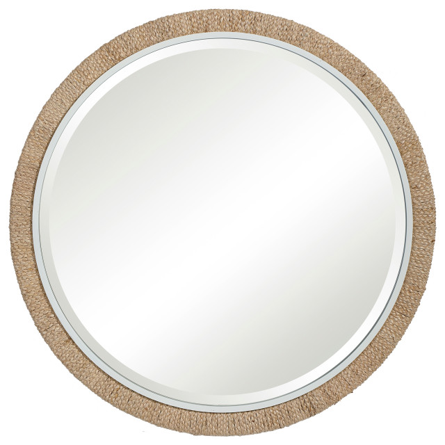 Luxe Large Braided Rope Frame Round Wall Mirror 40" Natural Banana Leaf White