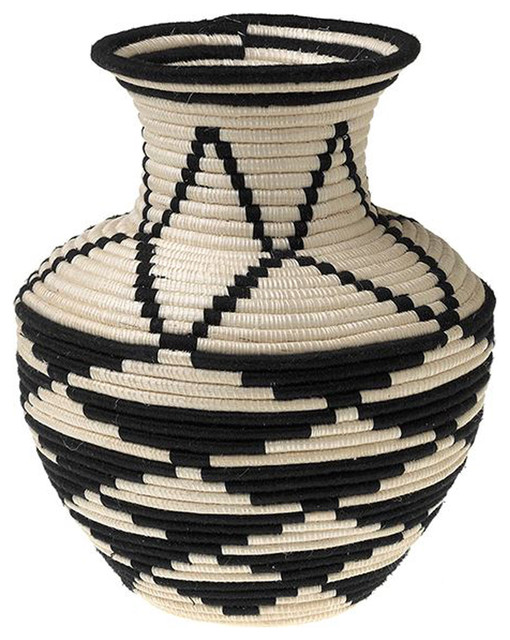 Rwandan Vessel African Basket Black White Sisal Handwoven Home Decor