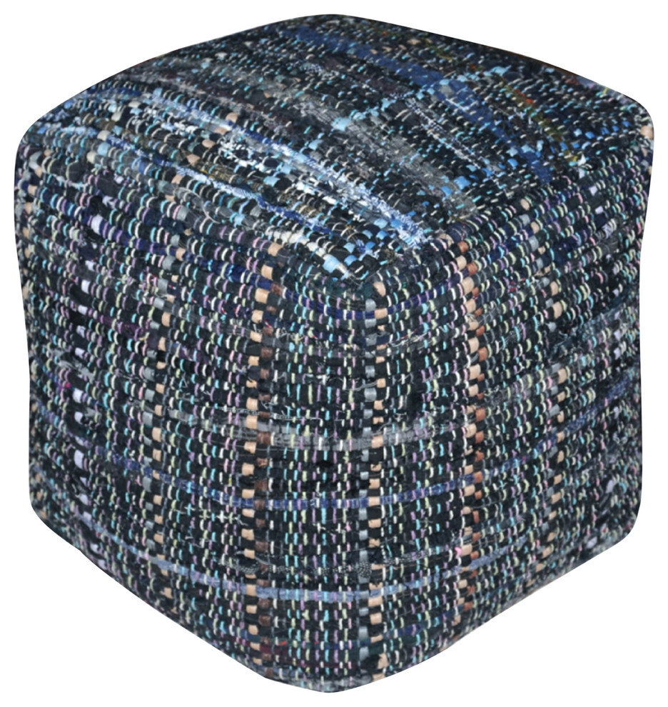 GDF Studio Kamil Recycled Fabric Artisan Cube Pouf, Gray/Blue