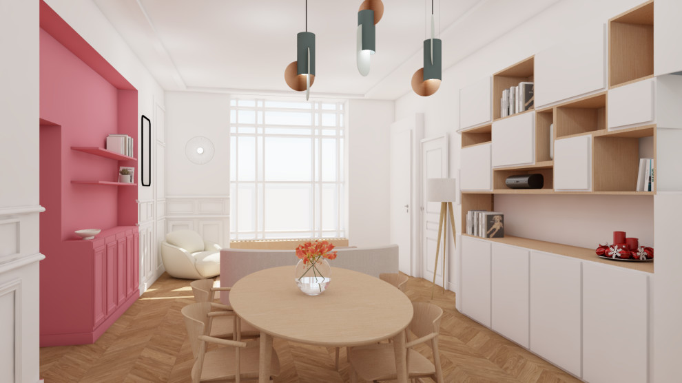 Réalisation d'une salle à manger ouverte sur le salon design de taille moyenne avec un mur blanc, un sol en bois brun et un sol marron.