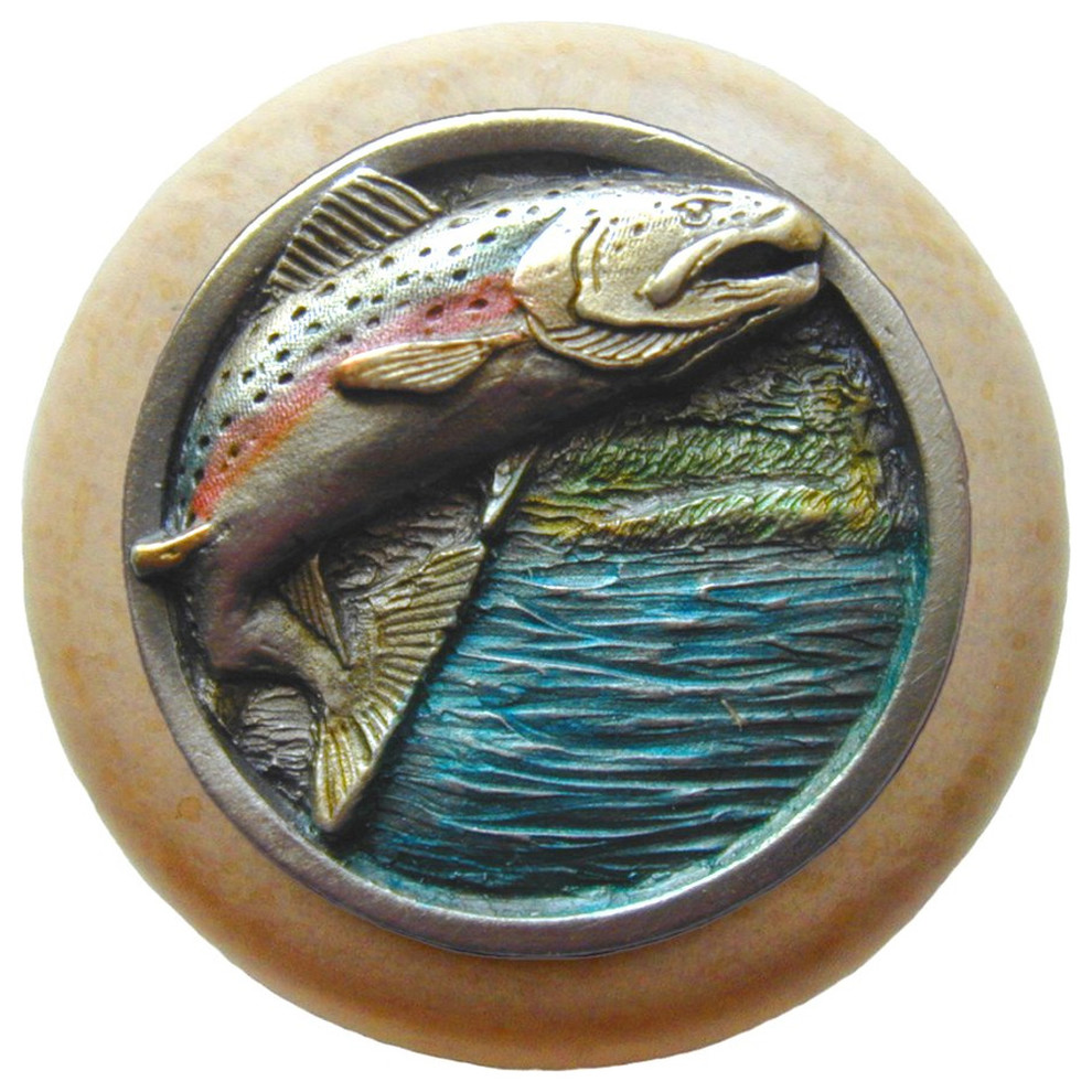 Leaping Trout Wood Knob, Antique Brass, Natural Wood Finish, Pewter Hand Tinted