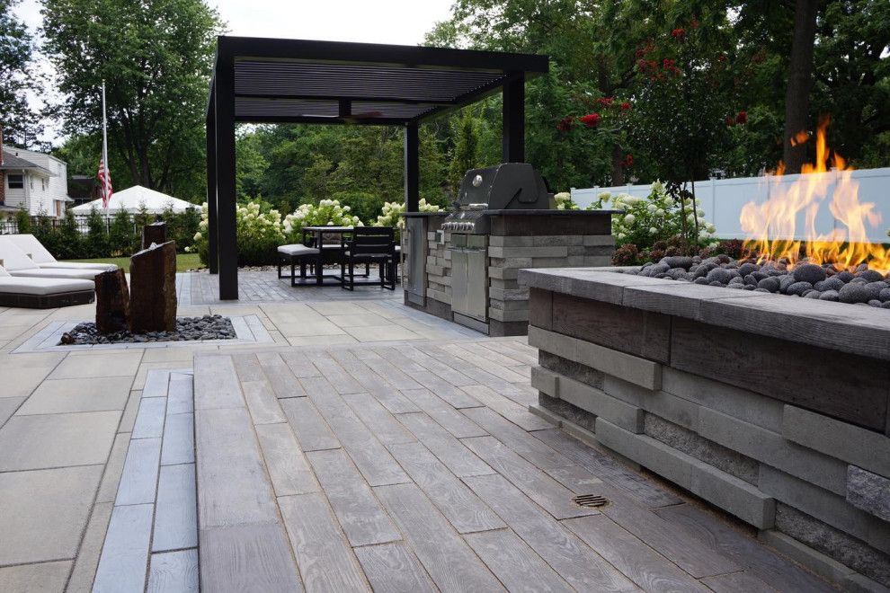 Rumson, NJ: Contemporary Patio with Pergola, Firepit & Kitchen