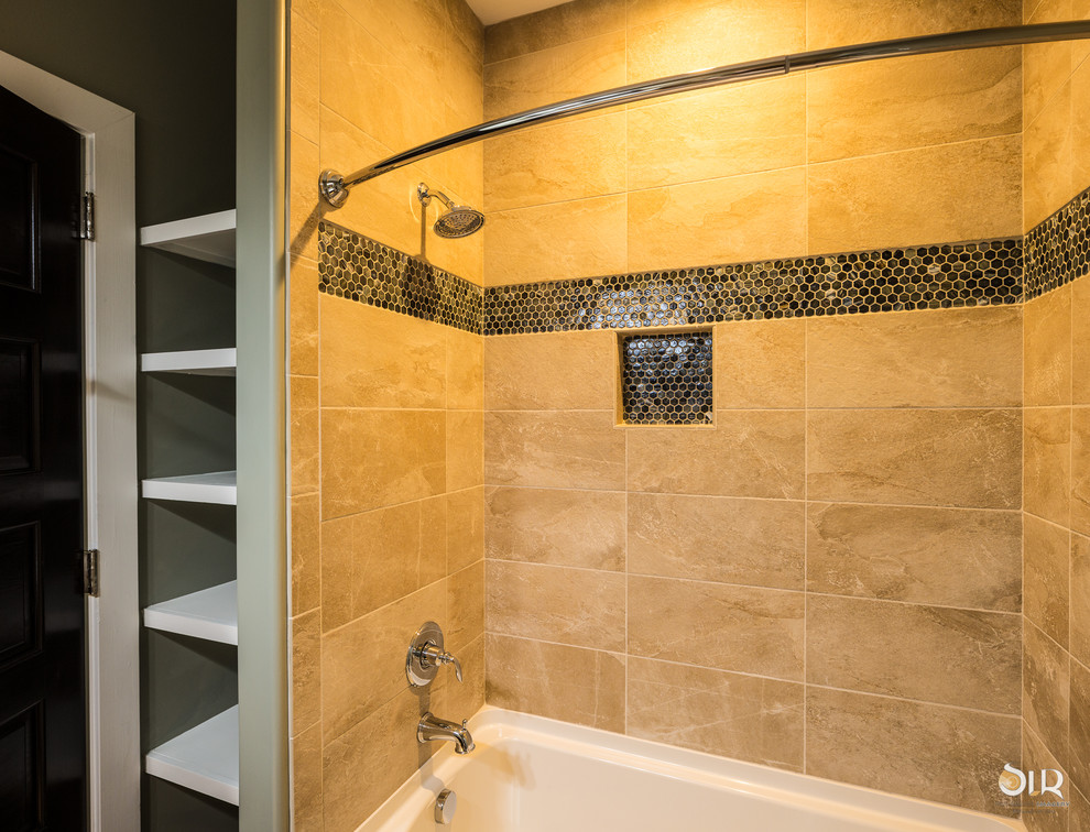 Alcove bathtub - transitional 3/4 dark wood floor and beige floor alcove bathtub idea with flat-panel cabinets, light wood cabinets and gray walls