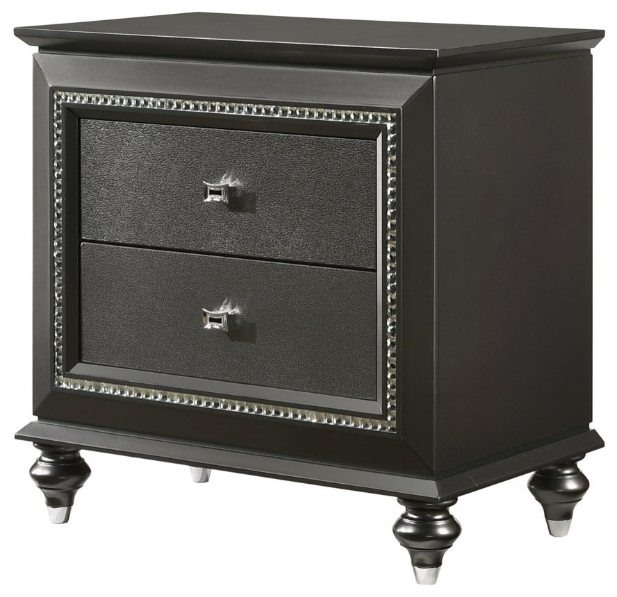 Elegant Nightstand, Sparkling Trim Accent & Faux Crystal Knobs, Metallic Gray Traditional