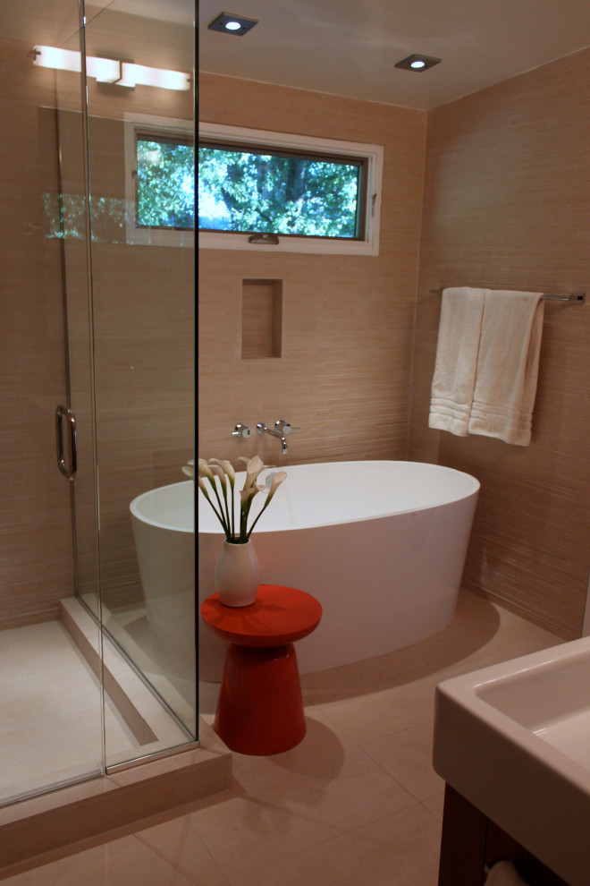 Mid-sized asian master bathroom in San Francisco with flat-panel cabinets, a freestanding tub, a corner shower, brown tile, porcelain tile, brown walls, ceramic floors, beige floor and a hinged shower door.