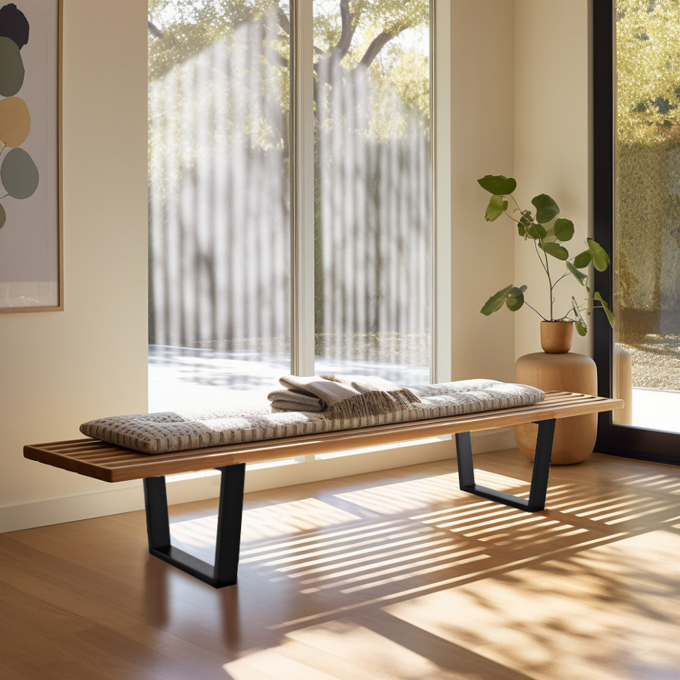 Contemporary Style Wooden Bench, Natural, 5 ft Industrial Accent