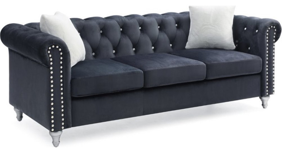 Maklaine Contemporary Velvet Sofa Tufted with Faux Jewels in Black